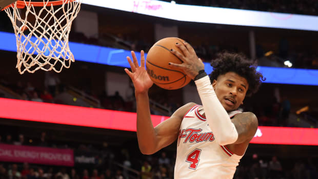 Rockets guard Jalen Green grabs a defensive rebound in the second half at Toyota Center.